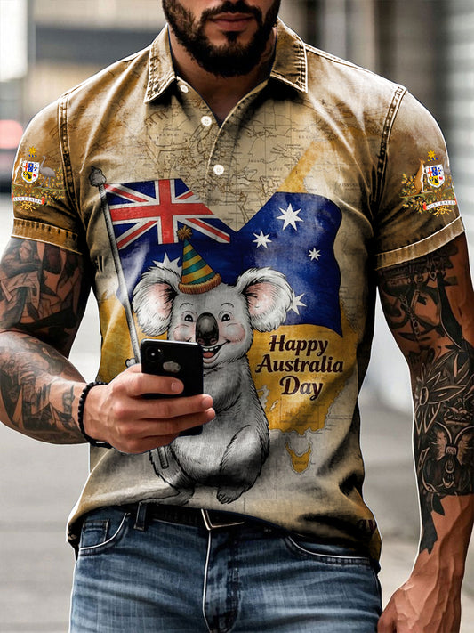 Retro Happy Australia Day  Printed Casual Cotton Short Sleeve Polo Shirt