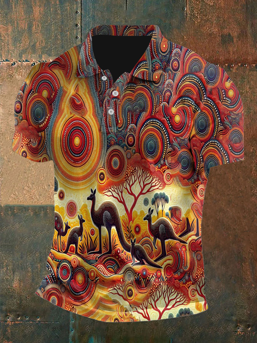 Men's  Vintage Australian Kangaroo Aboriginal Dot Art Painting Printed Casual Cotton Short Sleeve Polo Shirt