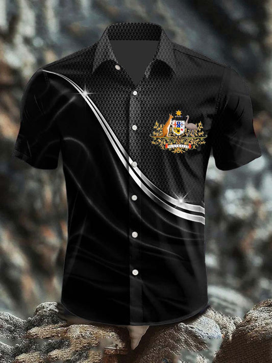 Men's Vintage Australian Flag Badge Lines Abstract Print Casual Cotton Short Sleeve Shirt
