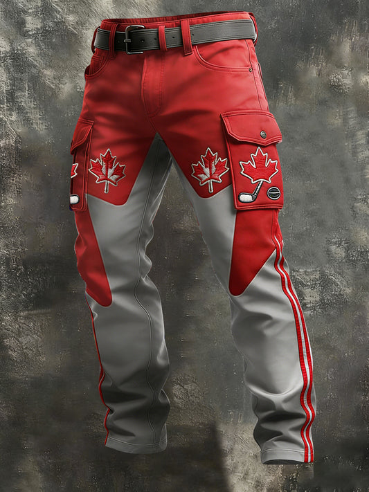 Retro Canadian Abstract Maple Leaf Hockey Casual Work Pants