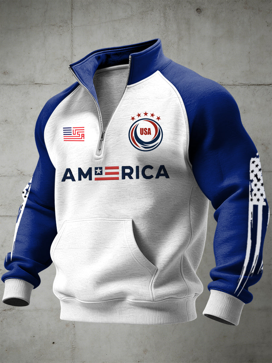 Men's World Cup USA Printed Half Zip Stand Up Collar With Raglan Sleeves Sweatshirt
