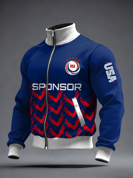 Men's World Cup US Printed long Sleeved Zipper Stand Up Collar Jacket