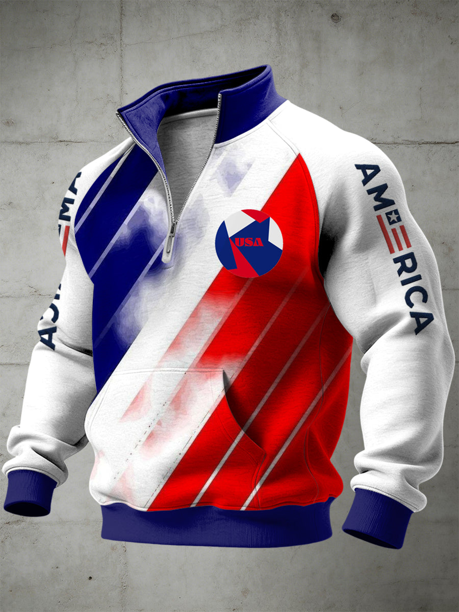 Men's World Cup USA Printed Half Zip Stand Up Collar With Raglan Sleeves Sweatshirt