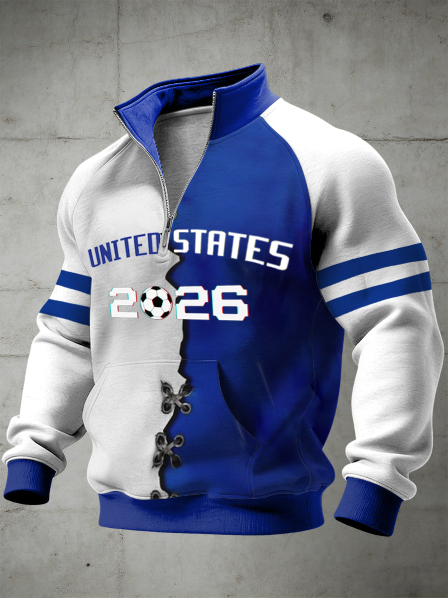 Men's World Cup USA Printed Half Zip Stand Up Collar With Raglan Sleeves Sweatshirt