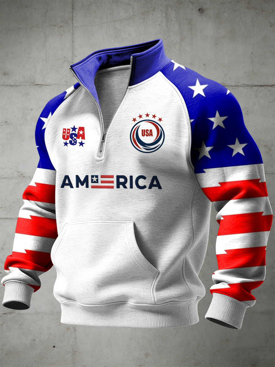 Men's World Cup USA Printed Half Zip Stand Up Collar With Raglan Sleeves Sweatshirt