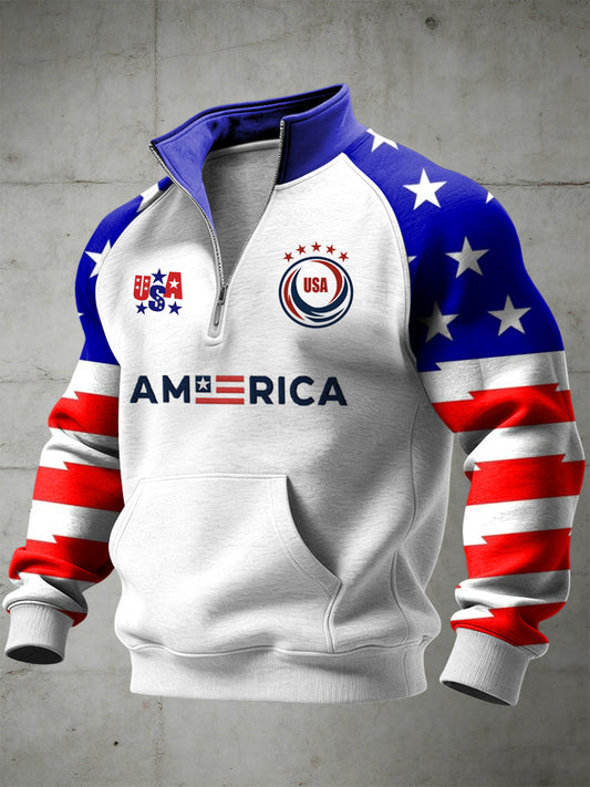 Men's World Cup USA Printed Half Zip Stand Up Collar With Raglan Sleeves Sweatshirt
