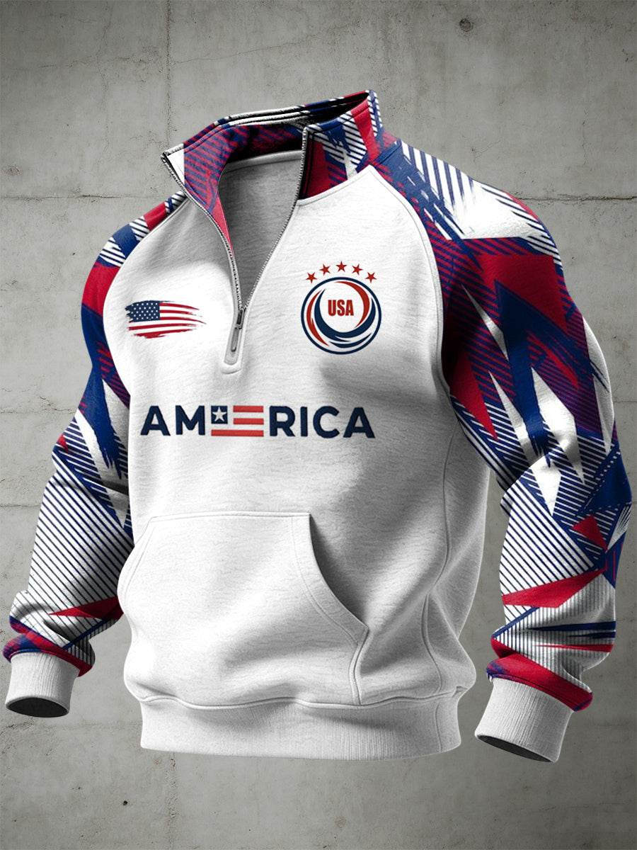Men's World Cup USA Printed Half Zip Stand Up Collar With Raglan Sleeves Sweatshirt