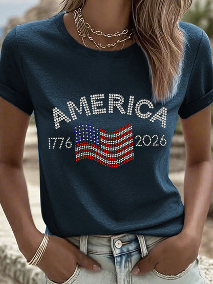 Women's American 1776-2026 Rhinestone Pattern T-Shirt