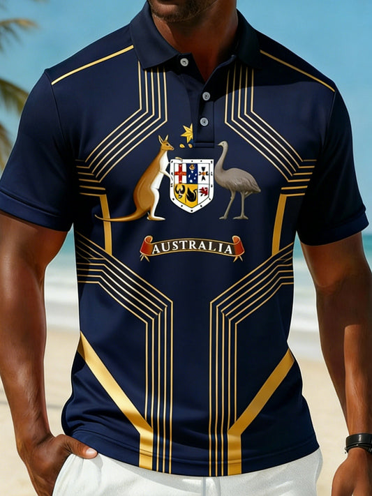 Men's  Vintage Australian Flag Badge Printed Casual Cotton Short Sleeve Sports Stripe Polo Shirt