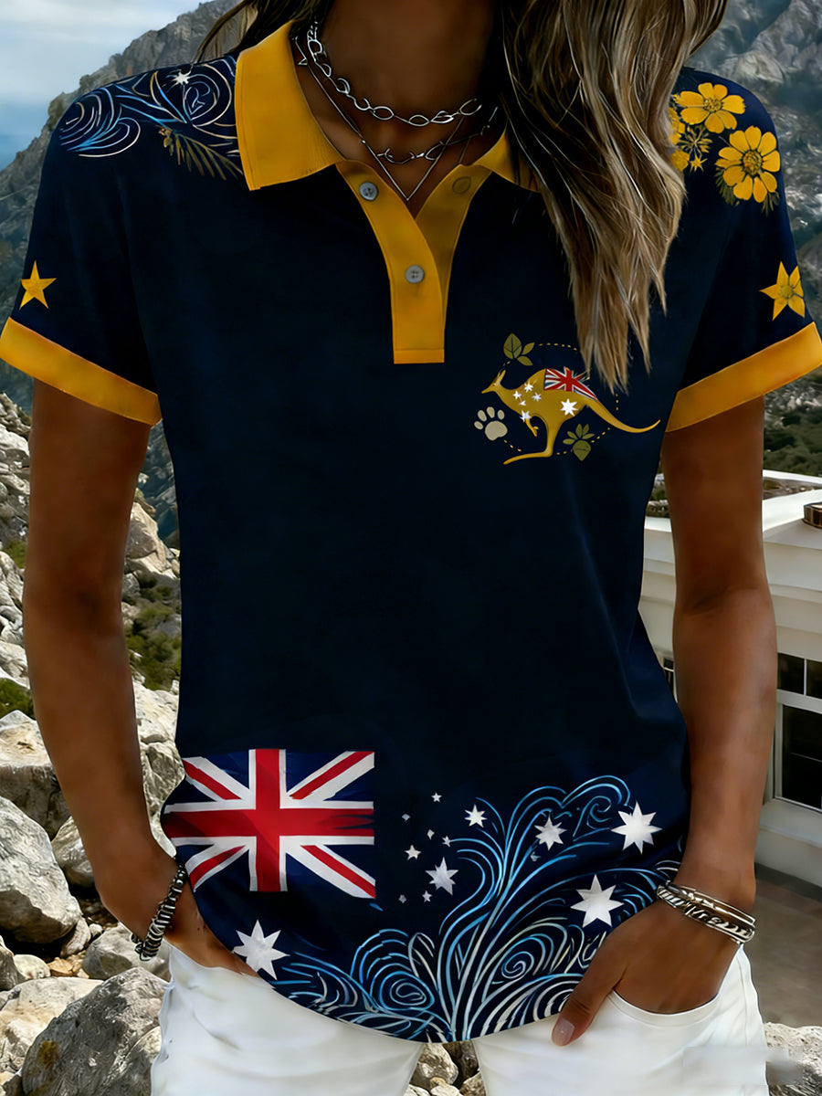 Women's Vintage Happy Australia Day Flag Badge Casual Print Short-Sleeve Polo Shirt