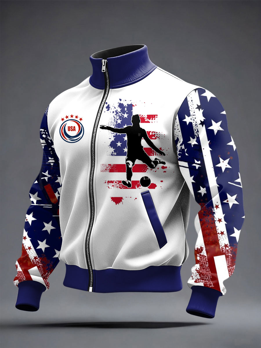 Men's World Cup US Printed long Sleeved Zipper Stand Up Collar Jacket