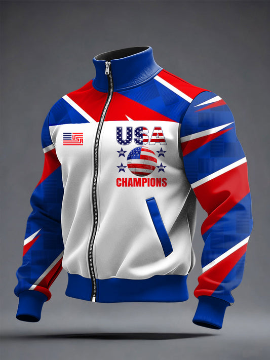 Men's World Cup US Printed long Sleeved Zipper Stand Up Collar Jacket