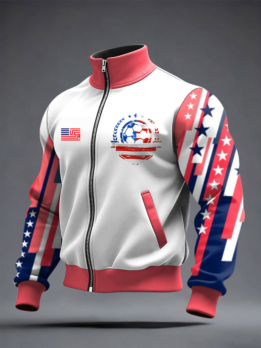 Men's World Cup US Printed long Sleeved Zipper Stand Up Collar Jacket