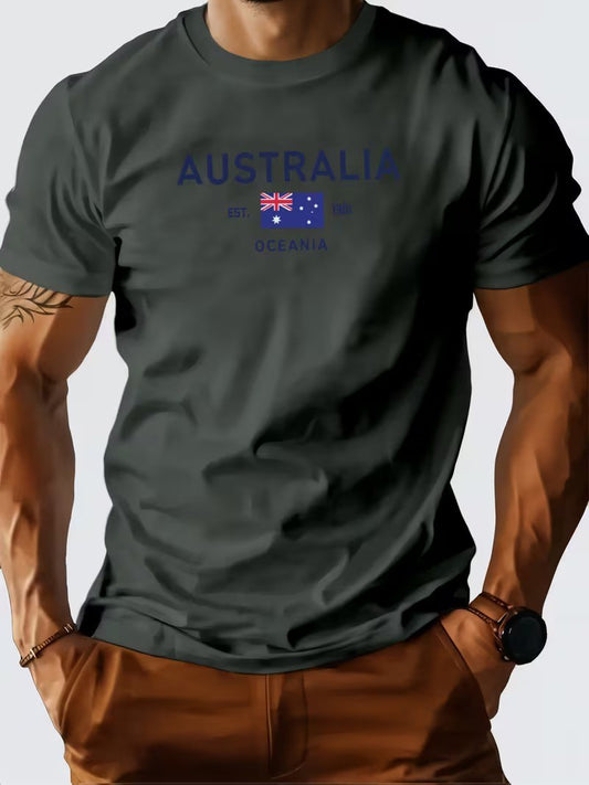 Vintage Australian Flag Badge Print Casual Cotton Short Sleeve T-Shirt