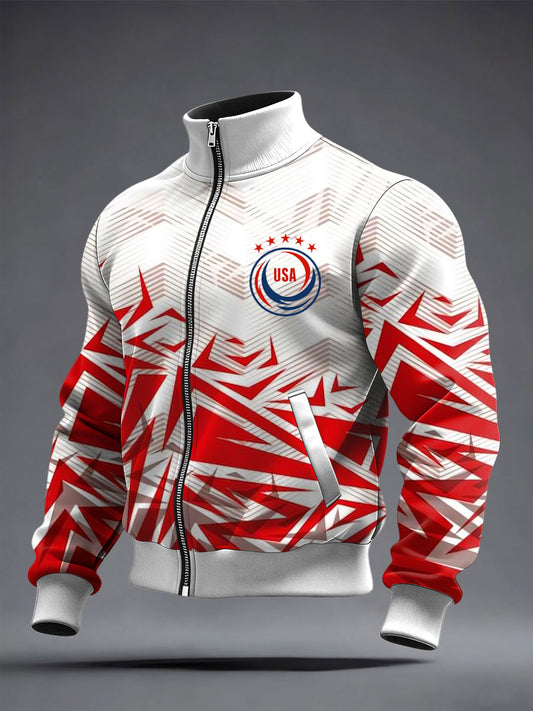 Men's World Cup US Printed long Sleeved Zipper Stand Up Collar Jacket