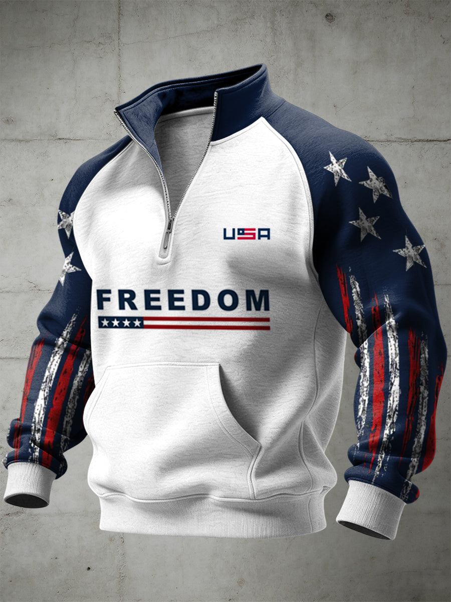 Men's Freedom Printed Half Zip Stand Up Collar With Raglan Sleeves Sweatshirt