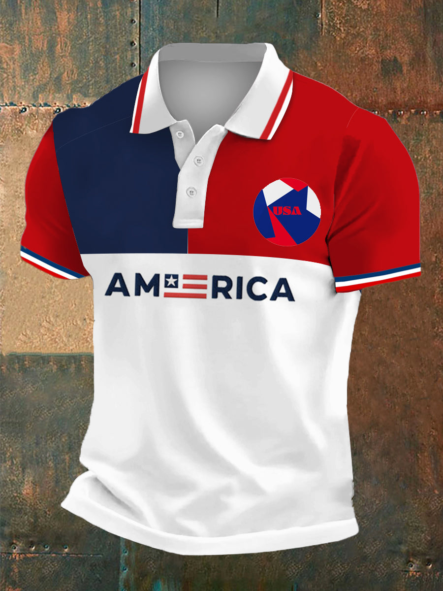 Men's World Cup USA Print Polo Collar Casual Short Sleeved Shirt