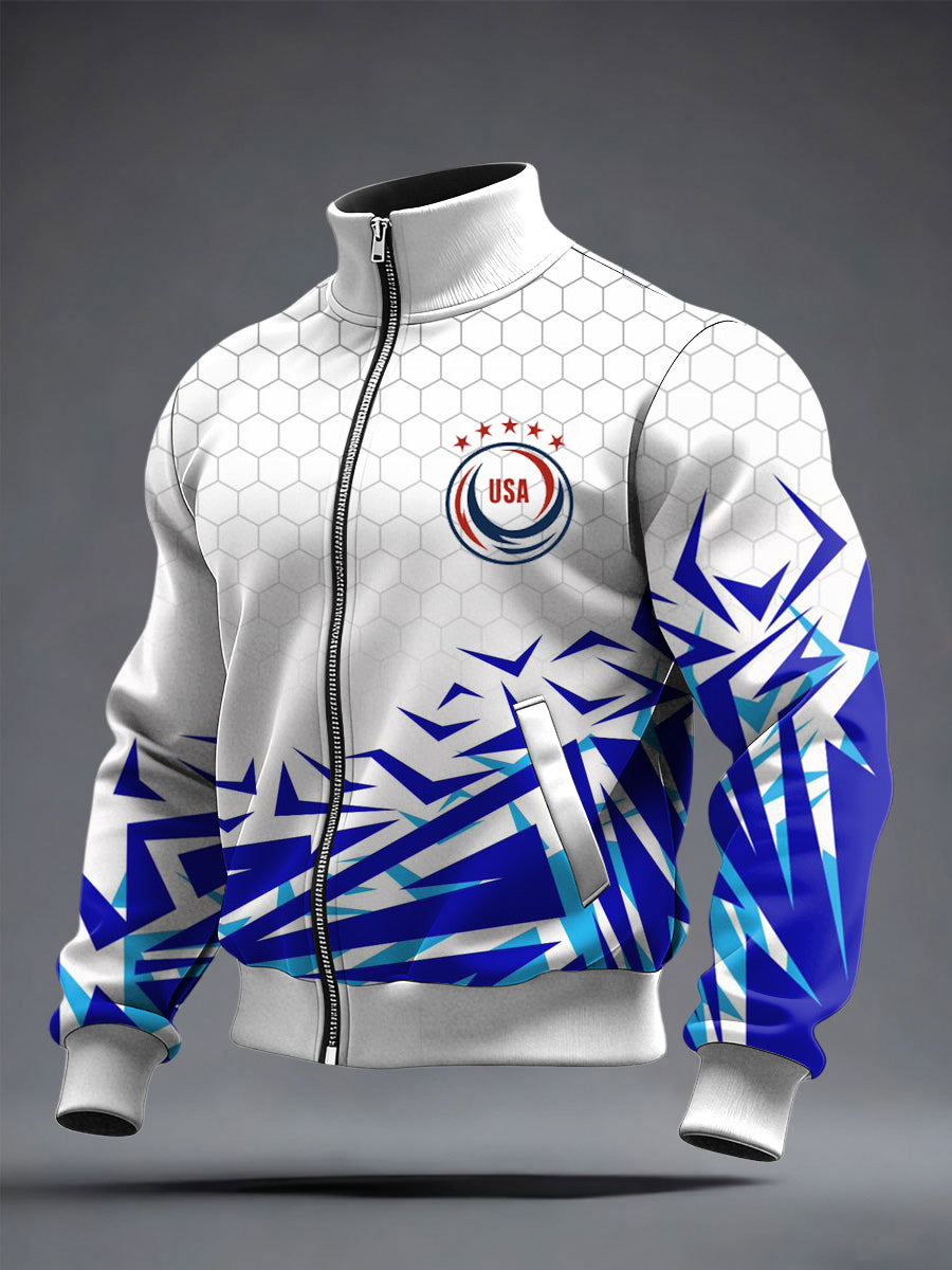 Men's World Cup US Printed long Sleeved Zipper Stand Up Collar Jacket