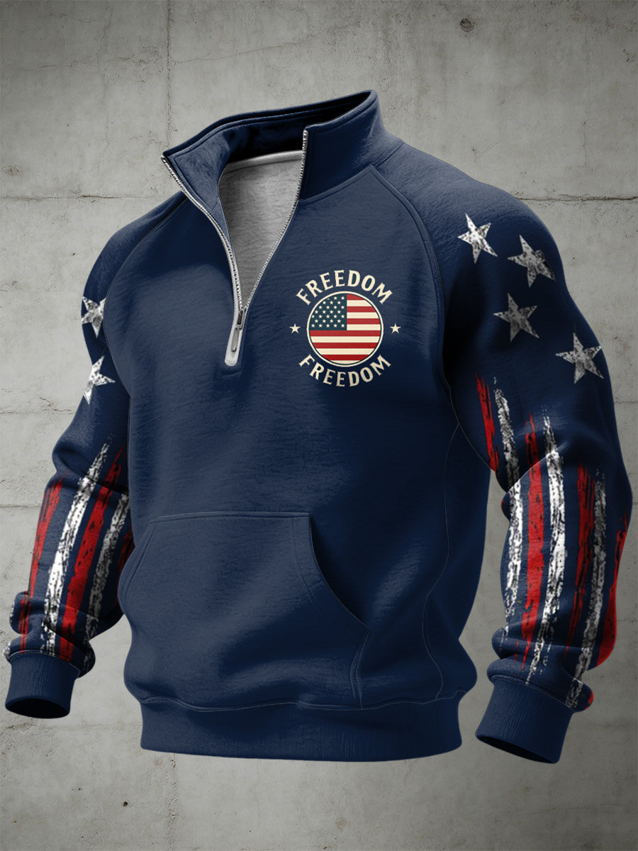Men's Freedom Printed Half Zip Stand Up Collar With Raglan Sleeves Sweatshirt