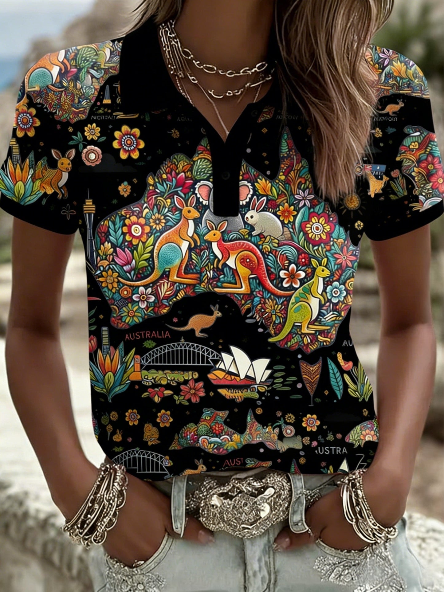 Women's Vintage Happy Australia Day Flag Badge Casual Print Short-Sleeve Polo Shirt