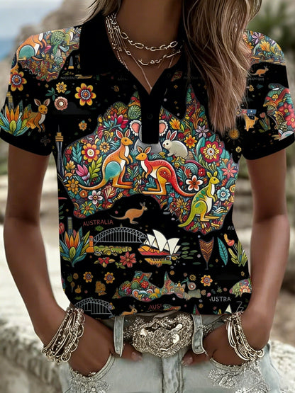 Women's Vintage Happy Australia Day Flag Badge Casual Print Short-Sleeve Polo Shirt