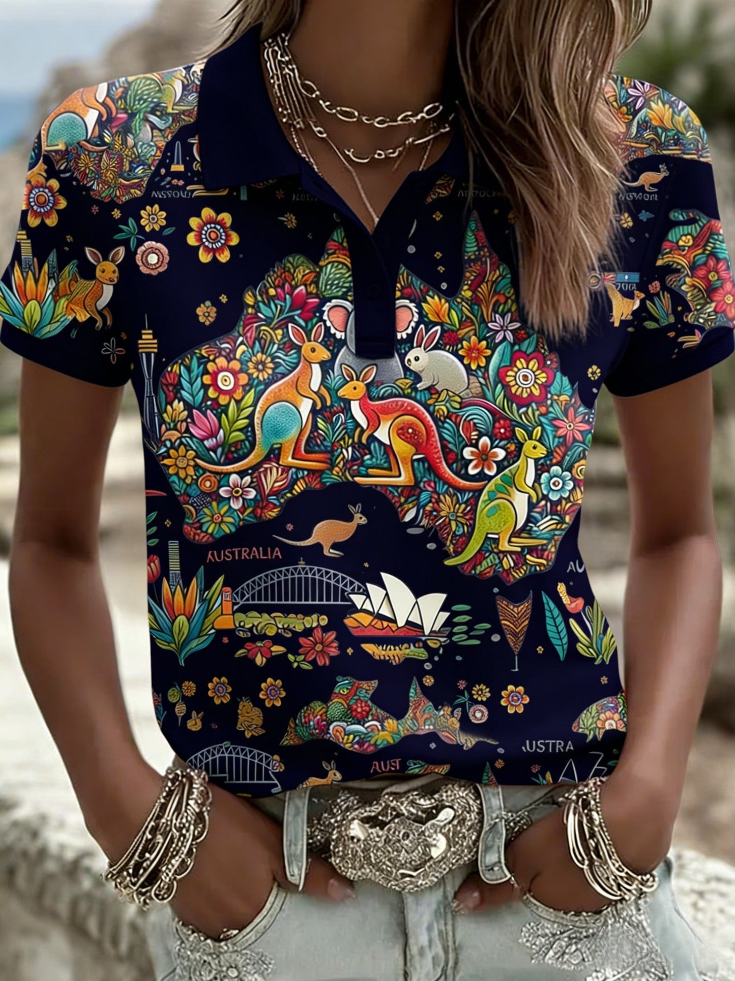 Women's Vintage Happy Australia Day Flag Badge Casual Print Short-Sleeve Polo Shirt