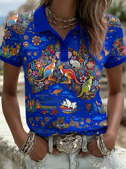 Women's Vintage Happy Australia Day Flag Badge Casual Print Short-Sleeve Polo Shirt