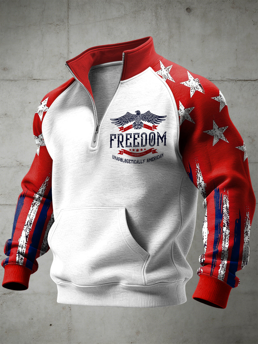Men's American Freedom Printed Half Zip Stand Up Collar With Raglan Sleeves Sweatshirt