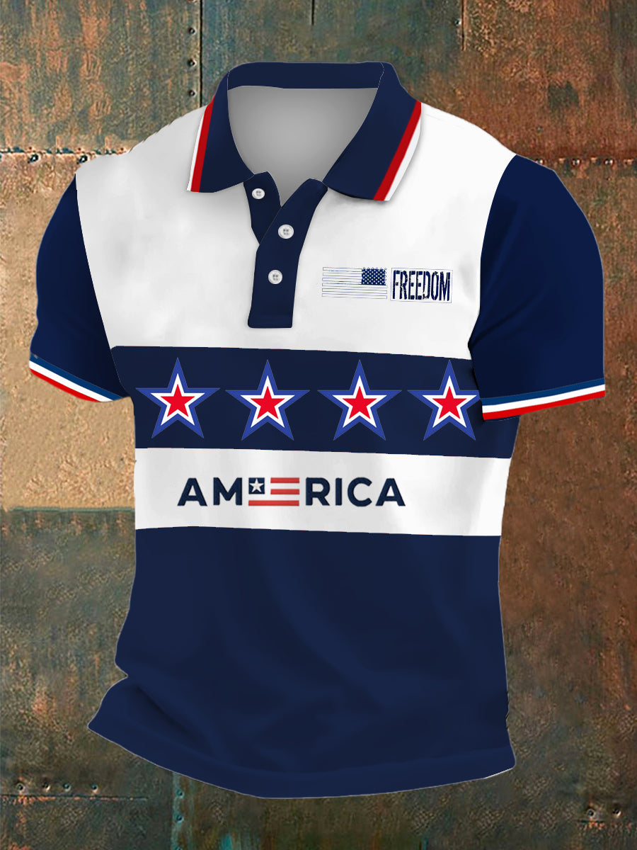 Men's American Freedom Print Polo Collar Casual Short Sleeved Shirt
