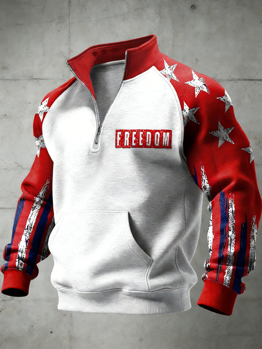 Men's American Freedom Printed Half Zip Stand Up Collar With Raglan Sleeves Sweatshirt