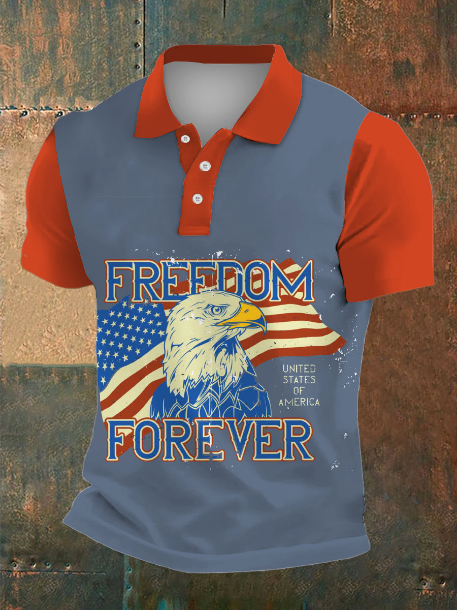 Men's American Freedom Print Polo Collar Casual Short Sleeved Shirt