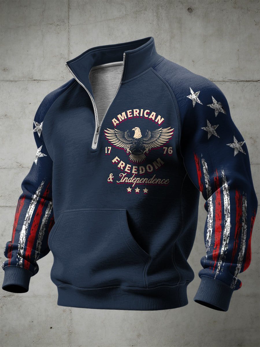 Men's American Freedom Printed Half Zip Stand Up Collar With Raglan Sleeves Sweatshirt