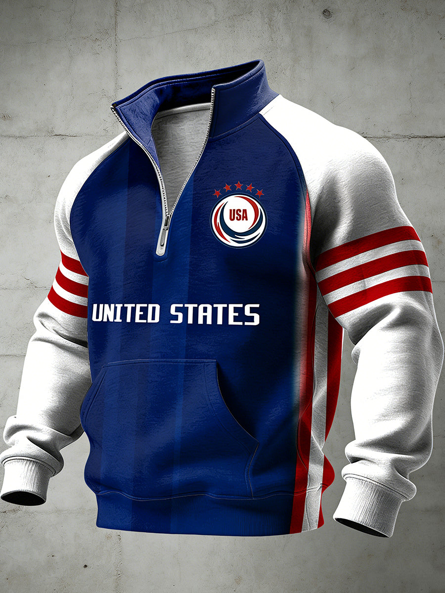 Men's World Cup USA Printed Half Zip Stand Up Collar With Raglan Sleeves Sweatshirt