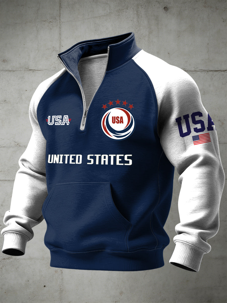 Men's World Cup USA Printed Half Zip Stand Up Collar With Raglan Sleeves Sweatshirt