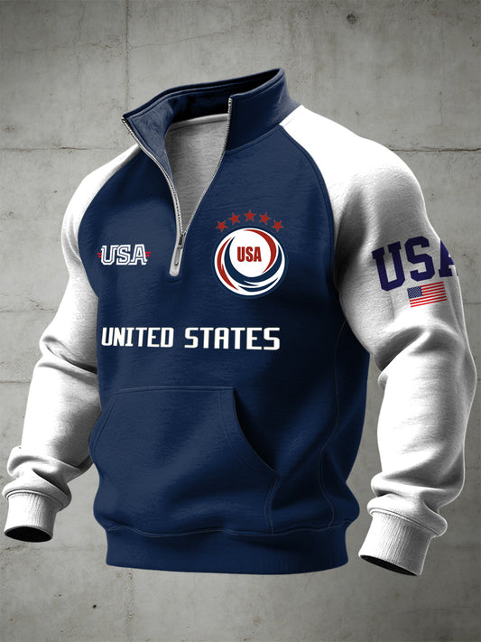 Men's World Cup USA Printed Half Zip Stand Up Collar With Raglan Sleeves Sweatshirt