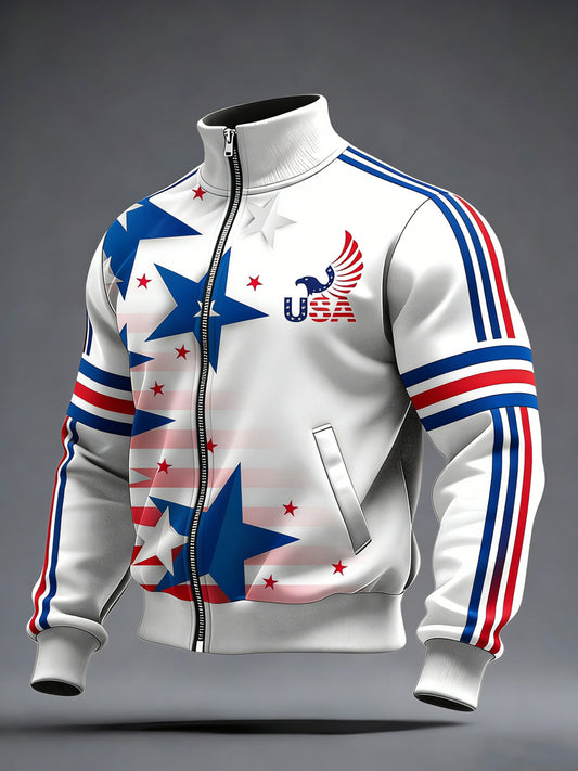 Men's World Cup USA Printed long Sleeved Zipper Stand Up Collar Jacket