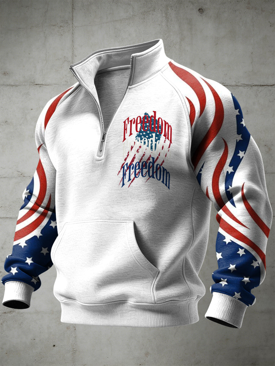 Men's American Freedom Printed Half Zip Stand Up Collar With Raglan Sleeves Sweatshirt