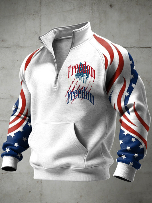 Men's American Freedom Printed Half Zip Stand Up Collar With Raglan Sleeves Sweatshirt