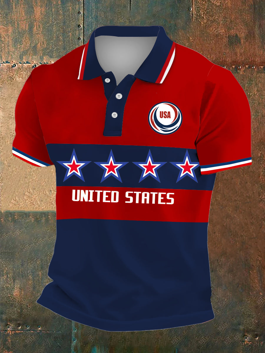 Men's World Cup USA Print Polo Collar Casual Short Sleeved Shirt