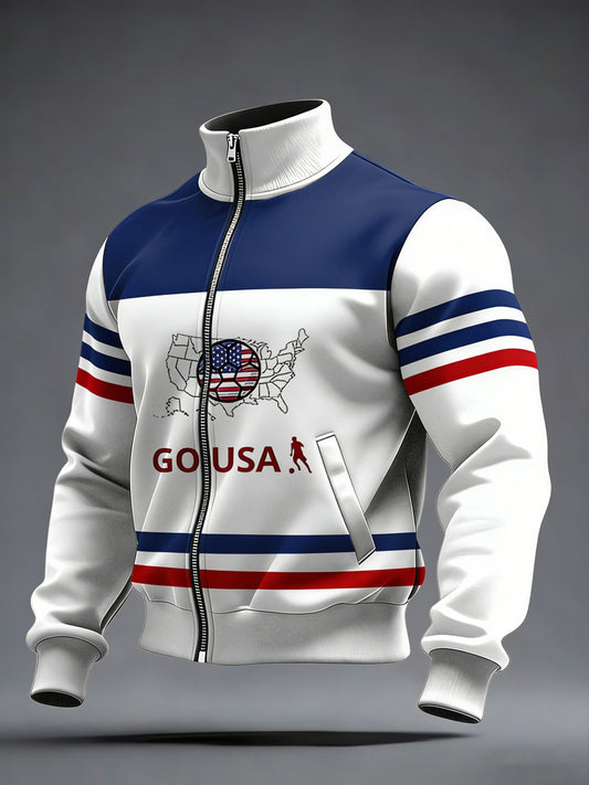 Men's World Cup USA Printed long Sleeved Zipper Stand Up Collar Jacket
