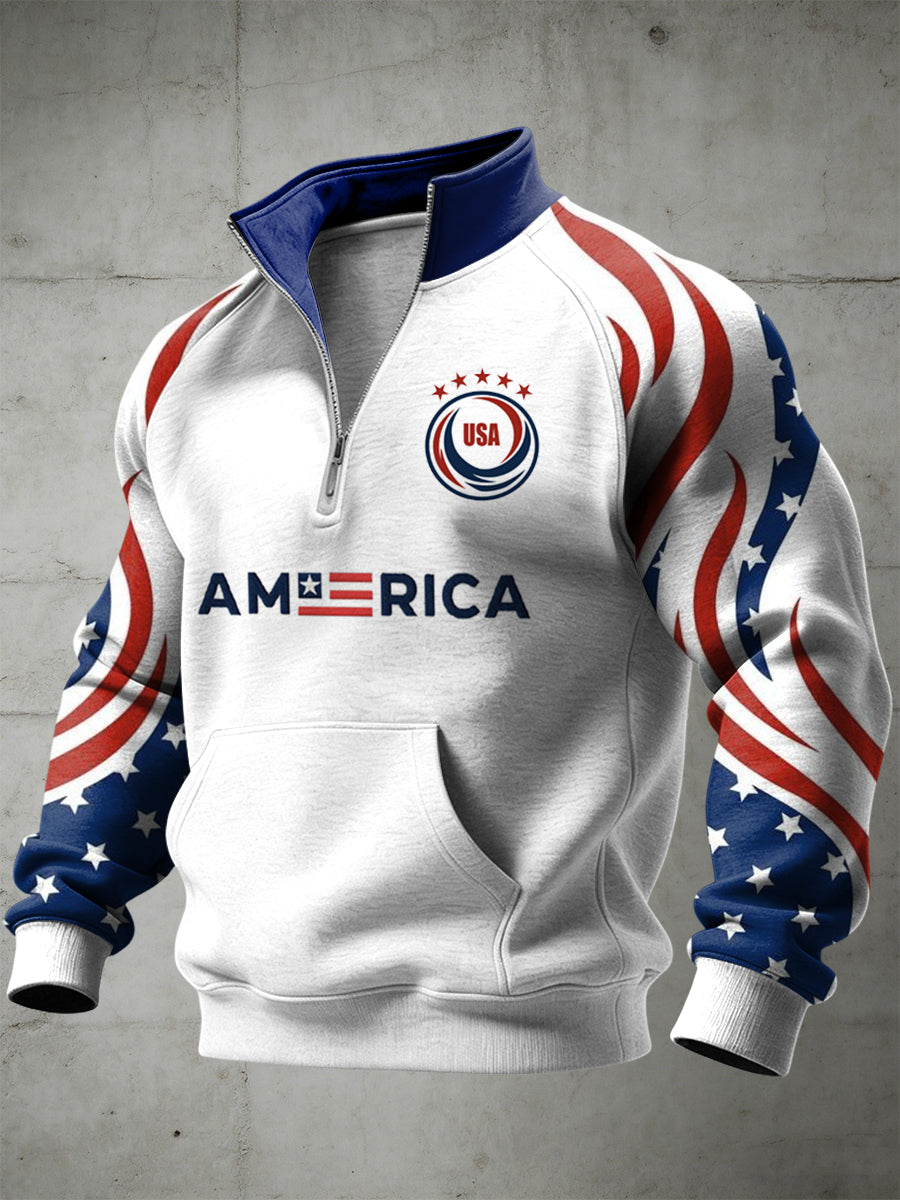 Men's World Cup USA Printed Half Zip Stand Up Collar With Raglan Sleeves Sweatshirt