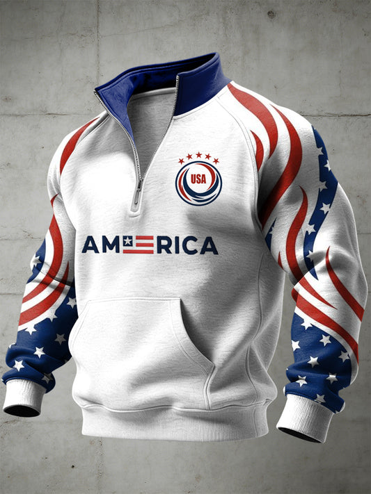Men's World Cup USA Printed Half Zip Stand Up Collar With Raglan Sleeves Sweatshirt
