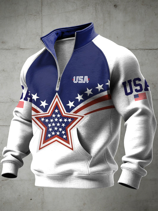 Men's American Freedom Printed Half Zip Stand Up Collar With Raglan Sleeves Sweatshirt