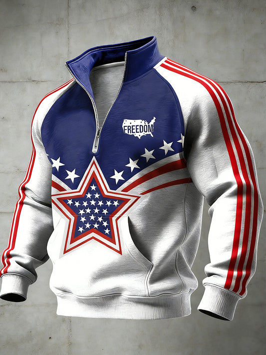 Men's American Freedom Printed Half Zip Stand Up Collar With Raglan Sleeves Sweatshirt