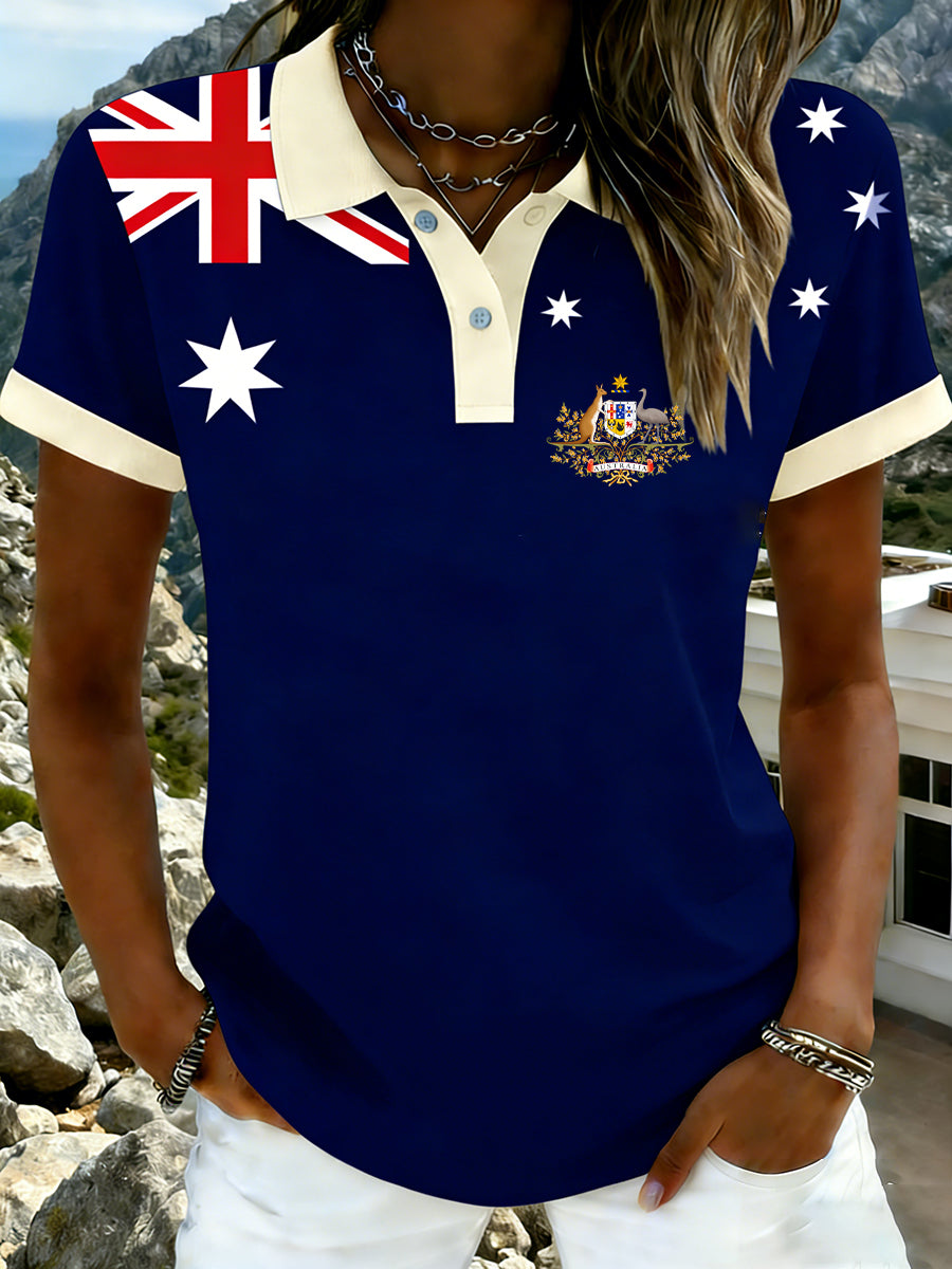 Women's Vintage Happy Australia Day Flag Badge Casual Print Short-Sleeve Polo Shirt