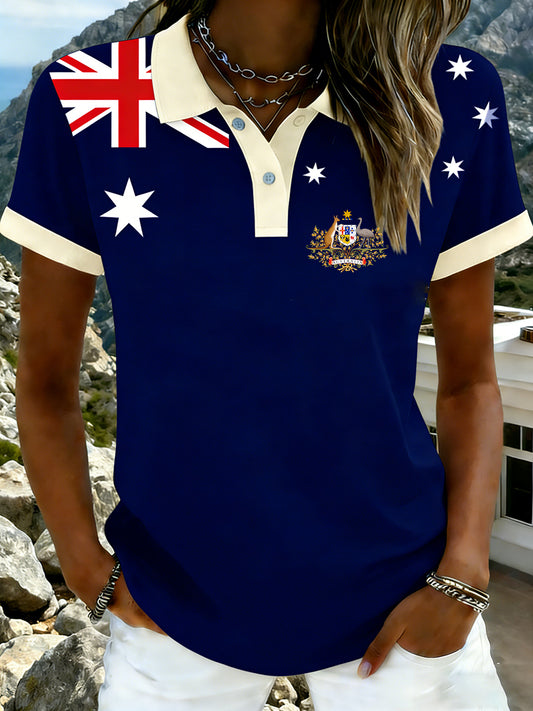 Women's Vintage Happy Australia Day Flag Badge Casual Print Short-Sleeve Polo Shirt