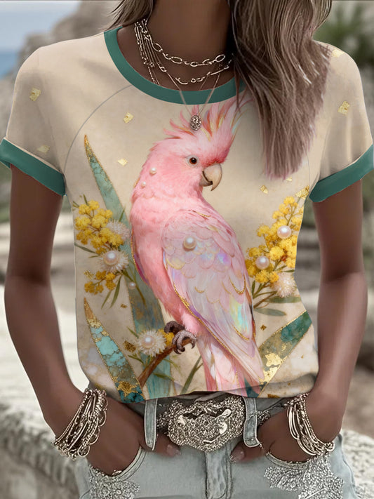 Women's Pink Parrot Art Printed T-shirt
