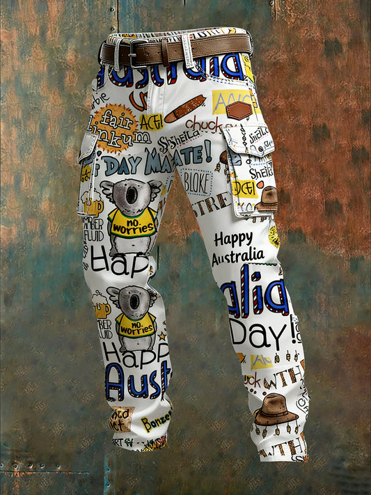 Men's Vintage Australian Flag Art Print Business Casual Work Pants