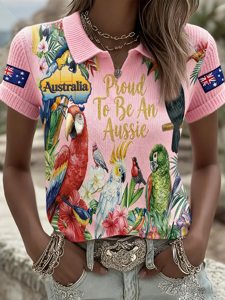 Women's Vintage Happy Australia Day Flag Badge Casual Print Short-Sleeve Polo Shirt