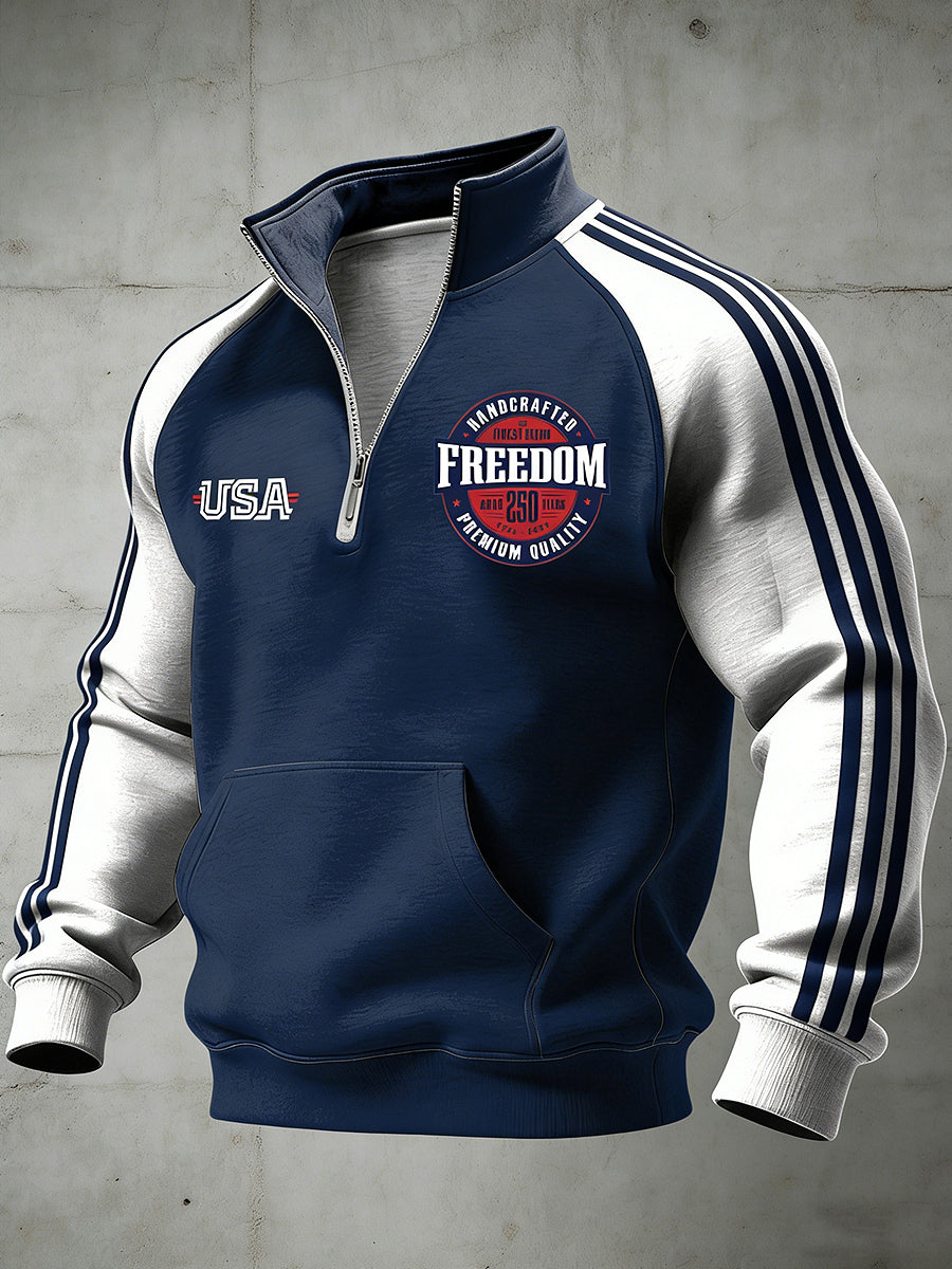 Men's American Freedom Printed Half Zip Stand Up Collar With Raglan Sleeves Sweatshirt